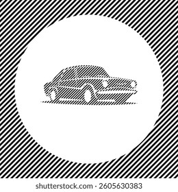 A large vintage car symbol in the center as a hatch of black lines on a white circle. Interlaced effect. Seamless pattern with striped black and white diagonal slanted lines