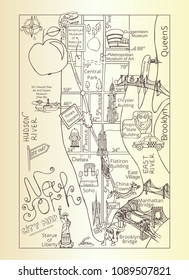 Large vintage hand drawn illustrated Tourist Map of New York City sights. Doodle vector sketch illustration with various symbols of Big Apple. Travel, leisure. Design for banner, postcard, poster.