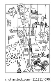 Large vintage hand drawn illustrated Tourist Map of New York City. Doodle vector sketch illustration with various symbols of Big Apple. Travel, leisure. Design for banner, postcard. Manhattan sights.