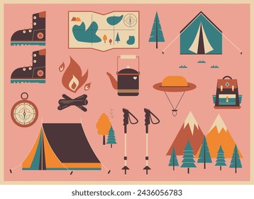 large vintage set with camping supplies vector illustration