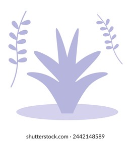 A large violet plant rooted in the ground with soil and strips of vine-like plants, depicted in a vector illustration style