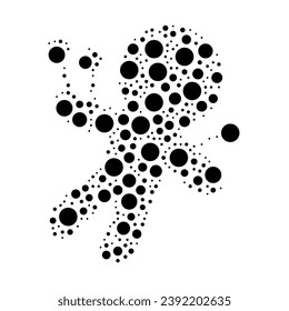 A large Voodoo Doll symbol in the center made in pointillism style. The center symbol is filled with black circles of various sizes. Vector illustration on white background