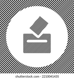 A large vote symbol in the center as a hatch of black lines on a white circle. Interlaced effect. Seamless pattern with striped black and white diagonal slanted lines