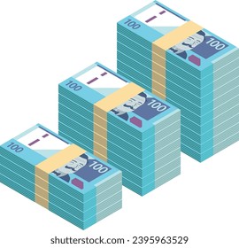 Large wads of 100 sole bills stacked in rows. 100 Peruvian Soles Vector Illustration. Isometric drawing.