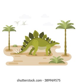Large walking Stegosaurus. Prehistoric herbivore dinosaur with pristine landscape. Extinct animal. Small location useful for map or game. Flat vector illustration.