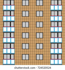 A large wall of an apartment building with windows and balconies. Vector illustration.