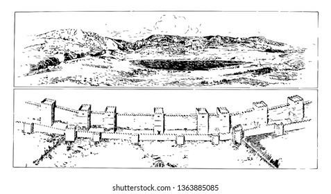 A large wall and in front of it you can see mountains, vintage line drawing or engraving illustration.