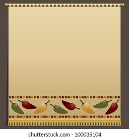large wall hanging with gold tassel fringing and chili pepper motifs, no transparencies