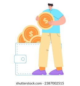 Large wallet man manage financial planning money management symbol casual style man holding coin colorful flat illustration