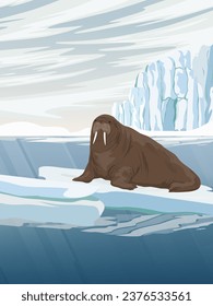 A large walrus floats on an ice floe. Wildlife of the Arctic. Realistic vector vertical landscape