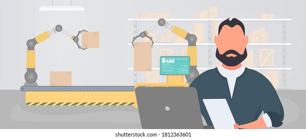 Large warehouse with boxes. Shelving unit with drawers and drawers. A man with a list of goods in his hands. A woman holds a bill in her hand. Carton boxes. Vector.