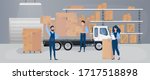 Large warehouse with drawers. Movers carry boxes. The girl with the list checks availability. Big truck. Carton boxes. The concept of transportation, delivery and logistics of goods. Vector.