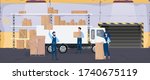 Large warehouse with drawers. Movers carry boxes. The girl with the list checks availability. Big truck. Carton boxes. The concept of transportation, delivery and logistics of goods. Vector.