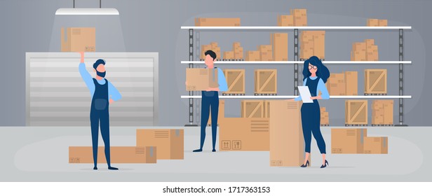 Large warehouse with drawers. Movers carry boxes. The girl with the list checks availability. Carton boxes. The concept of transportation, delivery and logistics of goods. Vector.