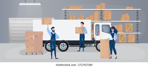 Large warehouse with drawers. Movers carry boxes. The girl with the list checks availability. Big truck. Carton boxes. The concept of transportation, delivery and logistics of goods. Vector.