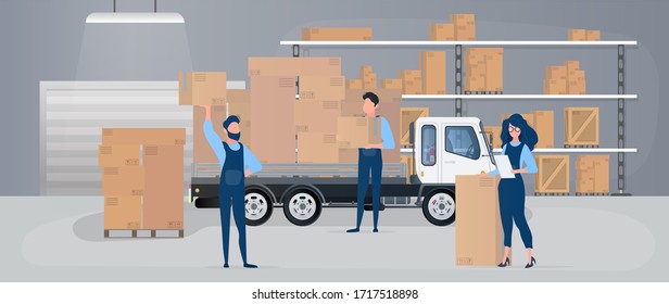Large warehouse with drawers. Movers carry boxes. The girl with the list checks availability. Big truck. Carton boxes. The concept of transportation, delivery and logistics of goods. Vector.