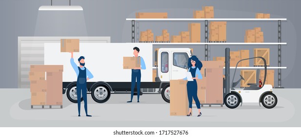 Large Warehouse With Drawers. Movers Carry Boxes. The Girl With The List Checks Availability. Big Truck. Carton Boxes. The Concept Of Transportation, Delivery And Logistics Of Goods. Vector.