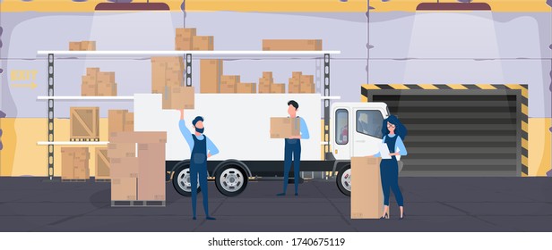 Large warehouse with drawers. Movers carry boxes. The girl with the list checks availability. Big truck. Carton boxes. The concept of transportation, delivery and logistics of goods. Vector.