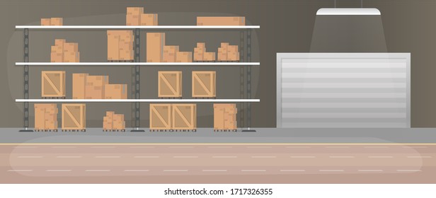 Large warehouse with drawers. Rack with drawers and boxes. Carton boxes. Vector.