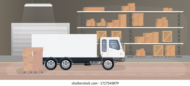 Gran almacén con cajones. Bandeja con cajones y cajas. Cajas de cartón, coche, almacén de producción. Vector.