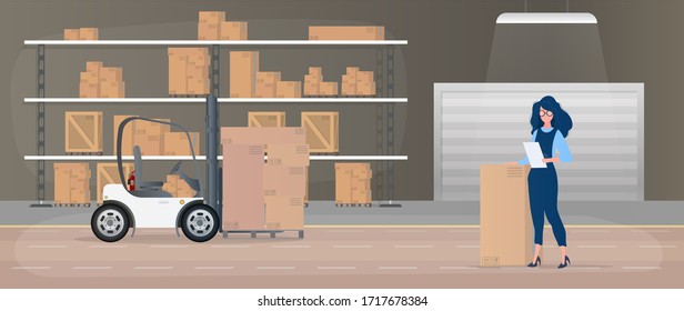 Large warehouse with drawers. Rack with drawers and boxes. A girl with a list of goods in her hands. A woman holds an invoice in her hand. Carton boxes. Vector.