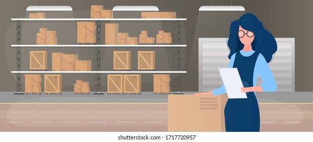 Grosses Lagerhaus mit Schubladen. Rack mit Schubladen und Kisten. Ein Mädchen mit einer Warenliste in ihren Händen. Eine Frau hat eine Rechnung in der Hand. Kartonboxen. Vektorillustration.