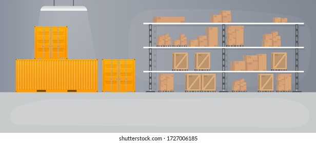 Gran almacén con cajones. Bandeja con cajones y cajas. Cajas de cartón. Vector.