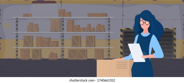 Large warehouse with drawers. Rack with drawers and boxes. A girl with a list of goods in her hands. A woman holds an invoice in her hand. Carton boxes. Vector.