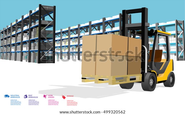 large warehouse with\
loader and pallets