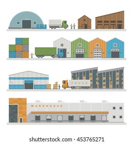 Gran almacén de preparación de mercancías para la industria de envío y almacén de carga de los edificios de los paquetes de transporte marítimo. Ilustración vectorial de las instalaciones de almacenamiento de depósitos