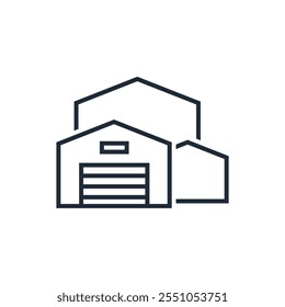 Large warehouse of products. Wholesale trade. Vector linear icon isolated on white background.