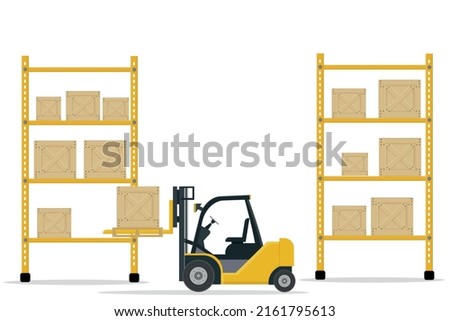 large warehouse with shelves and boxes for goods and parcels by forklift yellow