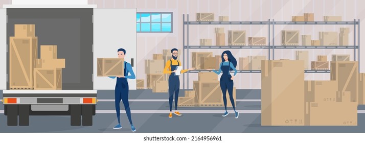 A large warehouse with shelves and boxes. The loader man carries the box to the truck. The employee checks the list. Vector.