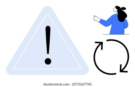 Large warning sign with exclamation mark on left, person in blue clothing pointing to the right, refresh symbol below. Ideal for caution, instruction, update, refresh, communication. Cartoon style