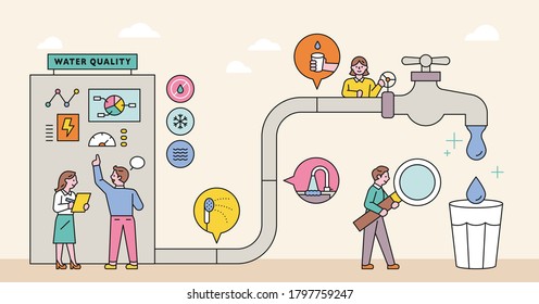 Large Water Pipe System And Management Experts. Flat Design Style Minimal Vector Illustration.