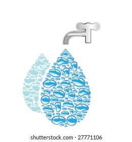 Large waterdrop background made up of many little waterdrops and a tap