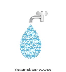 Large waterdrop background made up of many little waterdrops and a tap