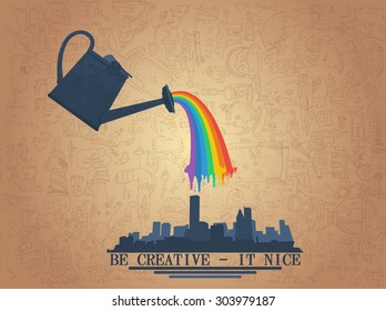 large watering can watering the rainbow on city