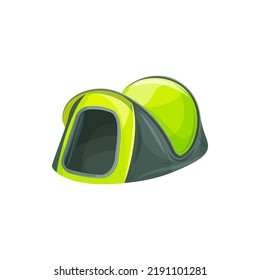 Large Waterproof Two Bedroom Family Tent On Two Enters For Two Person Isolated Realistic Icon. Vector Flat Cartoon Shelter For Hiking Sport, Travel Tourism, Scouts Activities, Green Canopy Dome