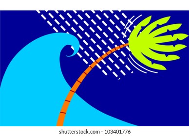 A large wave, sheets of rain and a blowing bending palm tree suggest a tropical storm or hurricane