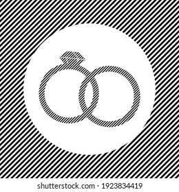 A large wedding rings symbol in the center as a hatch of black lines on a white circle. Interlaced effect. Seamless pattern with striped black and white diagonal slanted lines