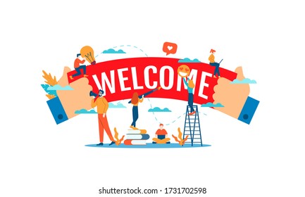 Large "Welcome" text with small people vector illustration concept template on white background isolated can be use for presentation web banner UI UX landing page