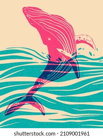 A Large Whale Jumps Out Of The Water. Colorful Cute Screen Printing Effect. Riso Print Effect. Vector Illustration. Graphic Element  For Fabric, Textile, Clothing, Wrapping Paper, Wallpaper, Poster. 