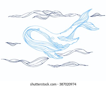 Large whale on a blue water background. sketch for adult antistress coloring page, tattoo, poster, print, t-shirt, invitation, cards, banners, flyers, calendars. Most sea, ocean fish, mammals.