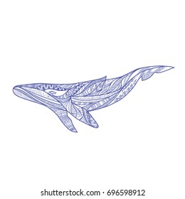 Large  whale on the white background. Whale zentangle style. Vector illustration