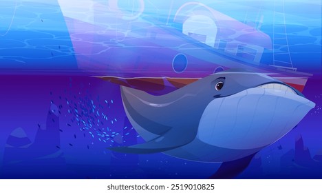 Large whale pushing fishing boat from bottom underwater. Sea or ocean deep aquatic landscape with humpback under ship. Cartoon vector seascape with huge water animal sinking fisherman yacht.