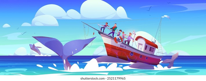 Large whale pushing fishing boat with men and teenagers on board from underwater. Sea or ocean landscape with humpback under ship. Cartoon vector seascape with huge water animals around fisher yacht.