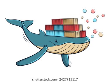 Large whale with a substantial stack of boxes balanced on its back. vector illustration