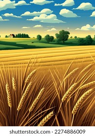 Large wheat thorns in field at a beautiful sunset of nature landscape in sun. Extended rich harvest. Areas agricultural production. Healthy food. Summer season warm. vertical poster, clean background