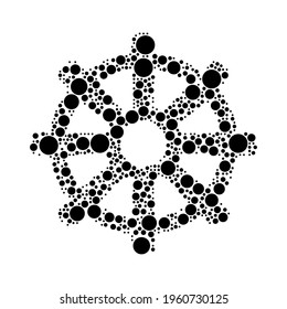 A large wheel symbol in the center made in pointillism style. The center symbol is filled with black circles of various sizes. Vector illustration on white background